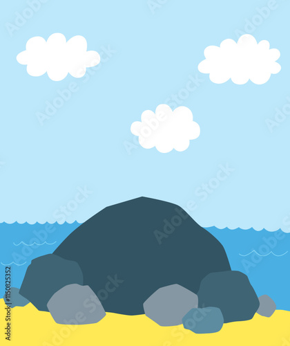 a pile of large grey dark blue stones on a sandy beach on the seashore under a blue sky with clouds