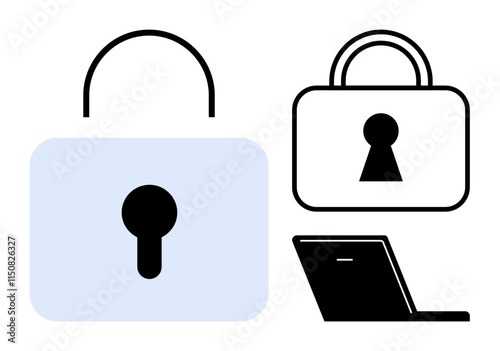 Padlock icons and an open laptop suggest secure digital access, cybersecurity, data protection, and privacy. Ideal for online security themes, IT infrastructure, data safety, secure browsing