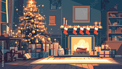 Festive Christmas Room with Glowing Tree and Fireplace