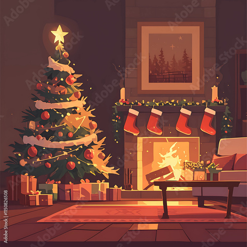 Cozy Christmas Living Room with Tree and Fireplace