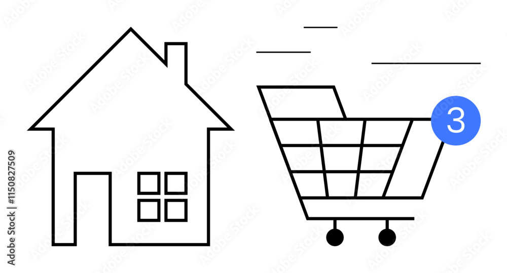 House icon beside a shopping cart with a notification symbol showing three new items. Ideal for online shopping, home delivery, e-commerce, digital notifications, retail services, home purchases House icon beside a shopping cart with a notification symbol showing three new items. Ideal for online shopping, home delivery, e-commerce, digital notifications, retail services, home purchases