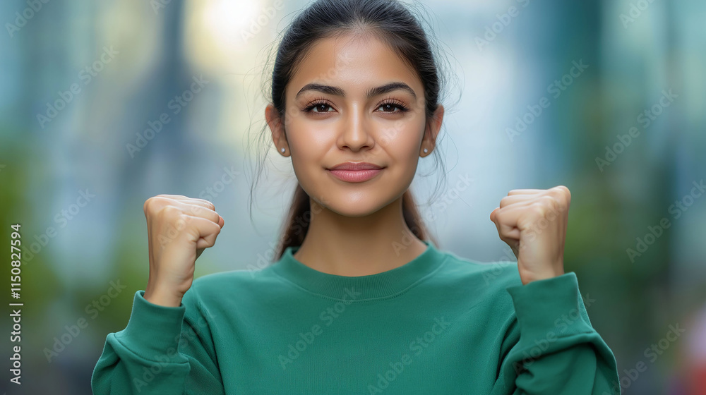 Latina woman with raised fists wearing green clothing Latina woman with raised fists wearing green clothing