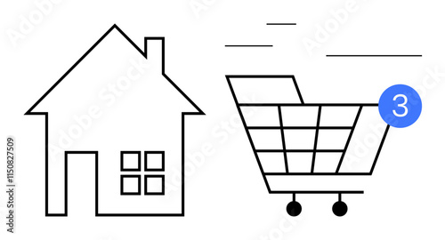 House icon beside a shopping cart with a notification symbol showing three new items. Ideal for online shopping, home delivery, e-commerce, digital notifications, retail services, home purchases