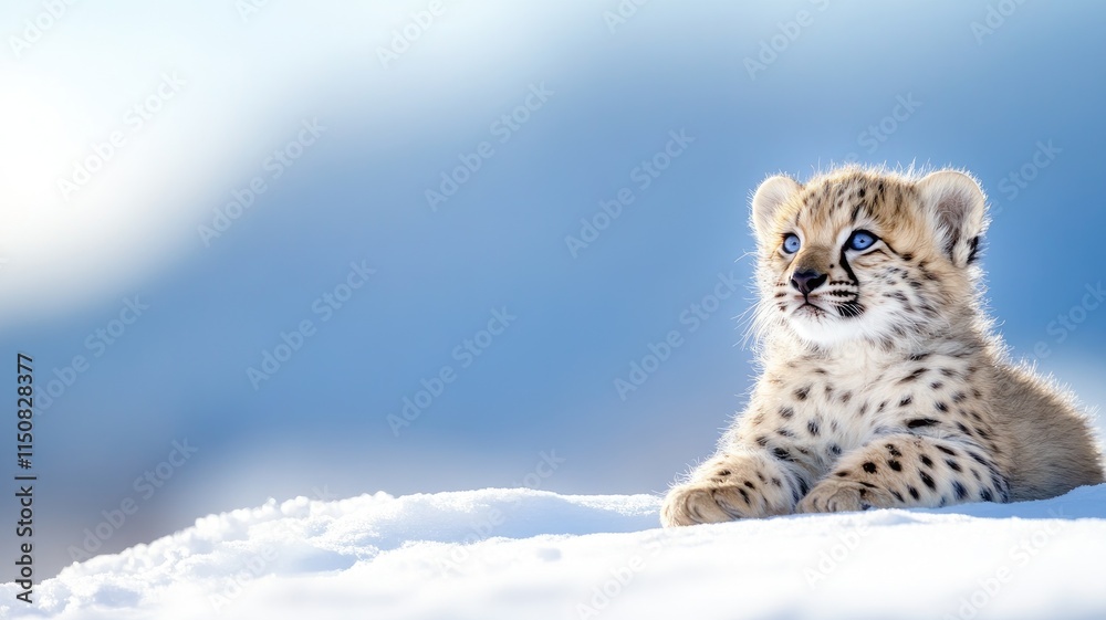 Fototapeta premium Young cheetah cub with blue eyes lying on snowy ground