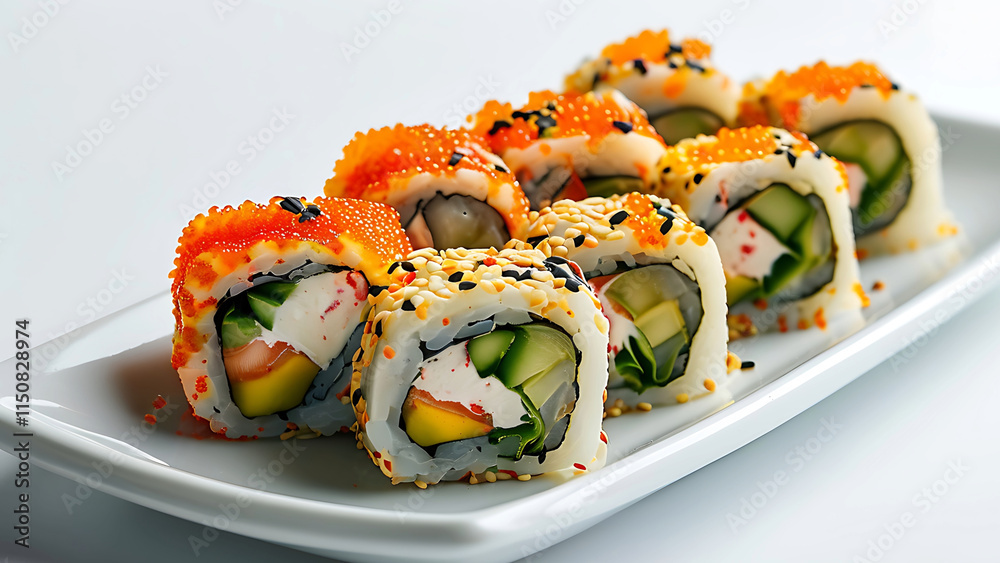 Close up of California sushi rolls with tobiko, crab, avocado, and cucumber. Fresh, vibrant, and appetizing Japanese cuisine. Close up of California sushi rolls with tobiko, crab, avocado, and cucumber. Fresh, vibrant, and appetizing Japanese cuisine.