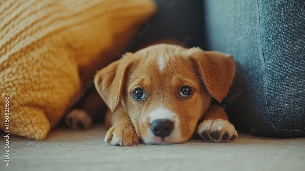 Adorable brown puppy resting near pillows. Perfect for websites about pets, adoption, or animal shelters. Adorable brown puppy resting near pillows. Perfect for websites about pets, adoption, or animal shelters.