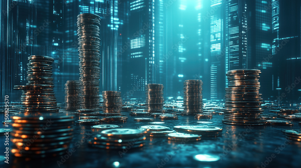 Conceptual Chart of Economic Growth with Neatly Stacked Piles of Coins Increasing in Height, Set Against a Sleek Digital Background Conceptual Chart of Economic Growth with Neatly Stacked Piles of Coins Increasing in Height, Set Against a Sleek Digital Background