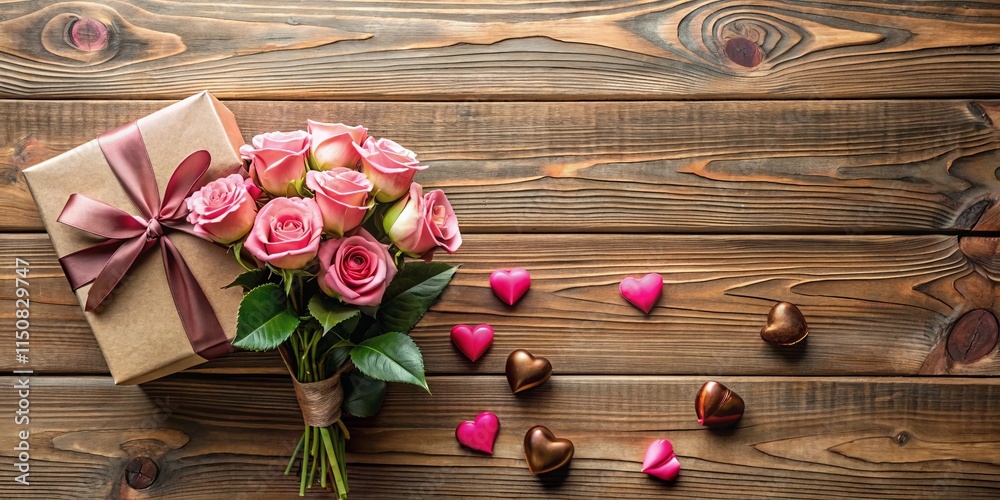 Romantic gift arrangement featuring pink roses, a wrapped present, and heart-shaped chocolates on a rustic wooden surface. Romantic gift arrangement featuring pink roses, a wrapped present, and heart-shaped chocolates on a rustic wooden surface.
