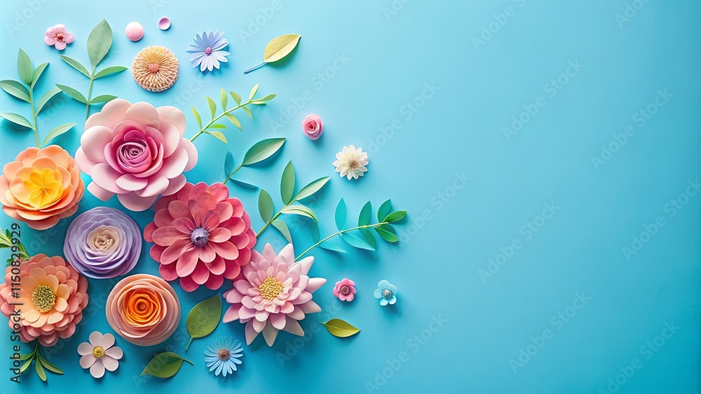 Obraz premium Vibrant Paper Flowers Arranged on a Light Blue Background, Ideal for Spring or Summer Designs
