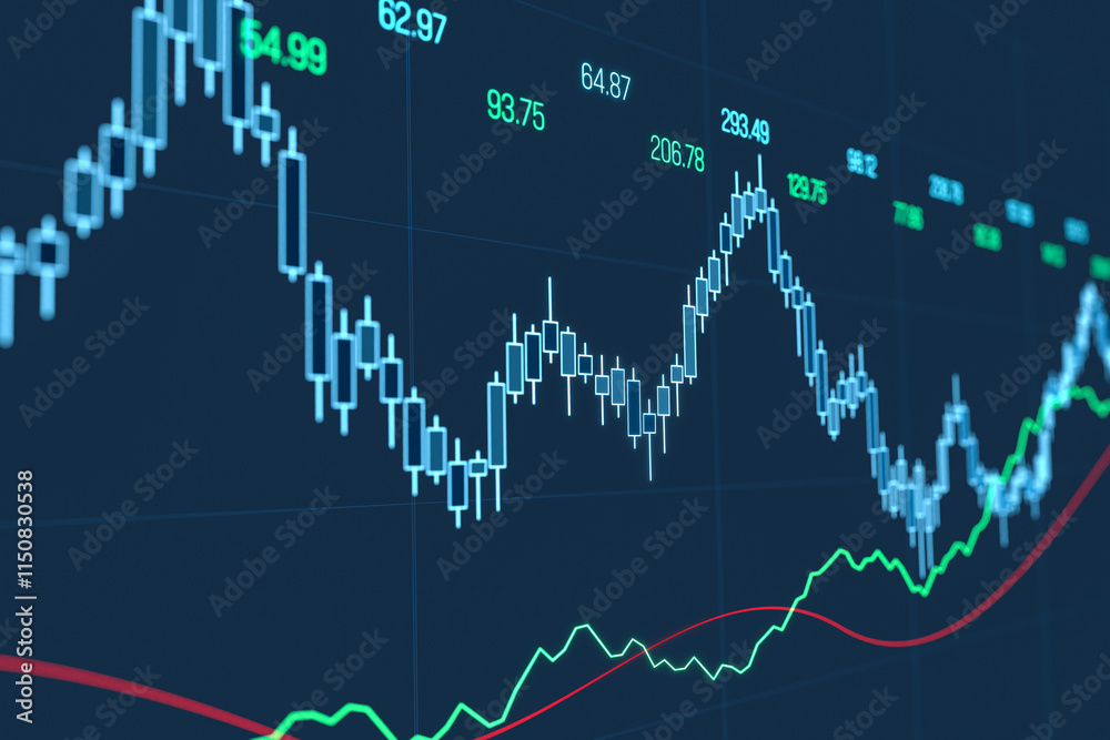 Chart and graph moving up and down, stock market and exchange data. Trading, business, market research, investment, finanical data and information. 3D illustration