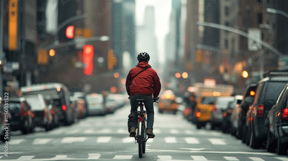 Cyclist in Red Jacket Riding Through Busy City Street with Traffic and Skyscrapers in Background on a Cloudy Day Cyclist in Red Jacket Riding Through Busy City Street with Traffic and Skyscrapers in Background on a Cloudy Day