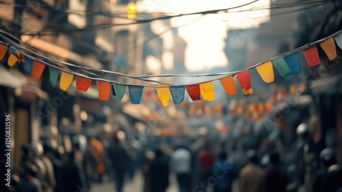 Colorful Prayer Flags Hanging Over Bustling Street in a Vibrant Market Scene, Capturing the Essence of Local Culture and Daily Life in a Lively City Environment