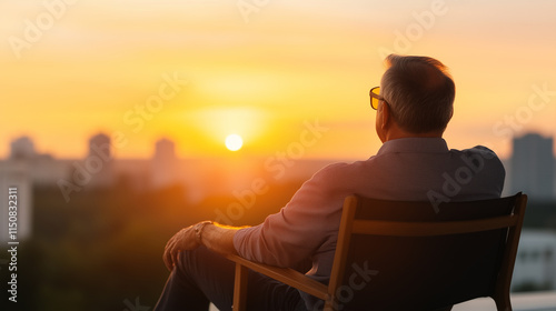 Fototapeta Naklejka Na Ścianę i Meble -  man sitting on chair, watching beautiful sunset over city skyline, reflecting on life. warm colors create serene atmosphere.