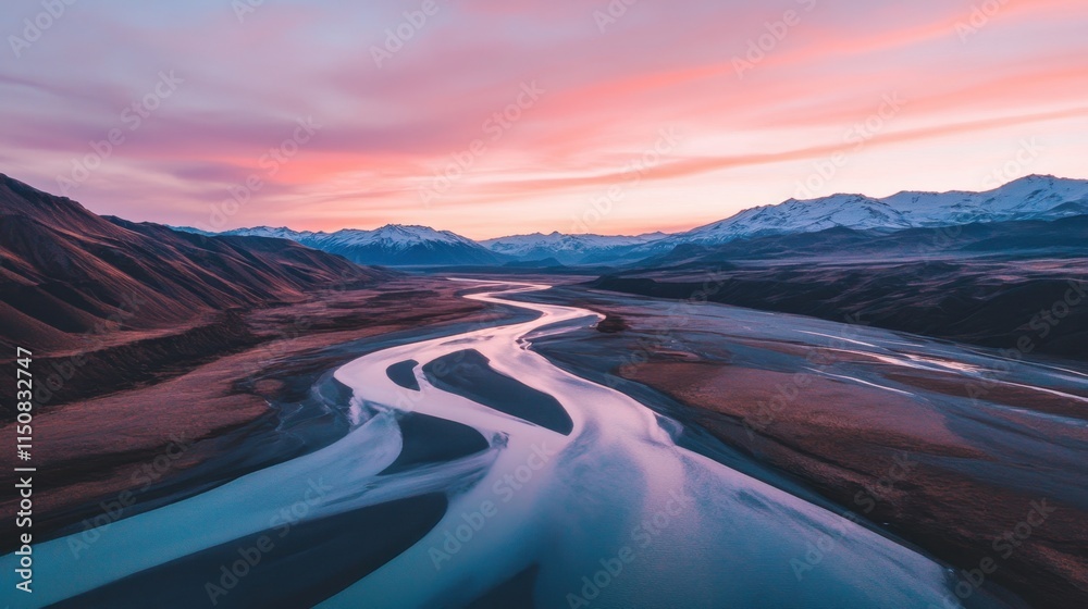Fototapeta premium Serene View of Winding River Under Colorful Sunrise Sky
