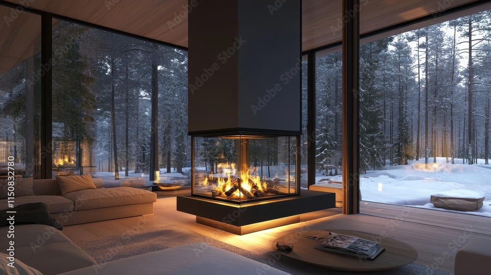 Fototapeta premium Modern fireplace in a snowy forest lodge. Perfect for winter, cozy, and luxury home concepts.
