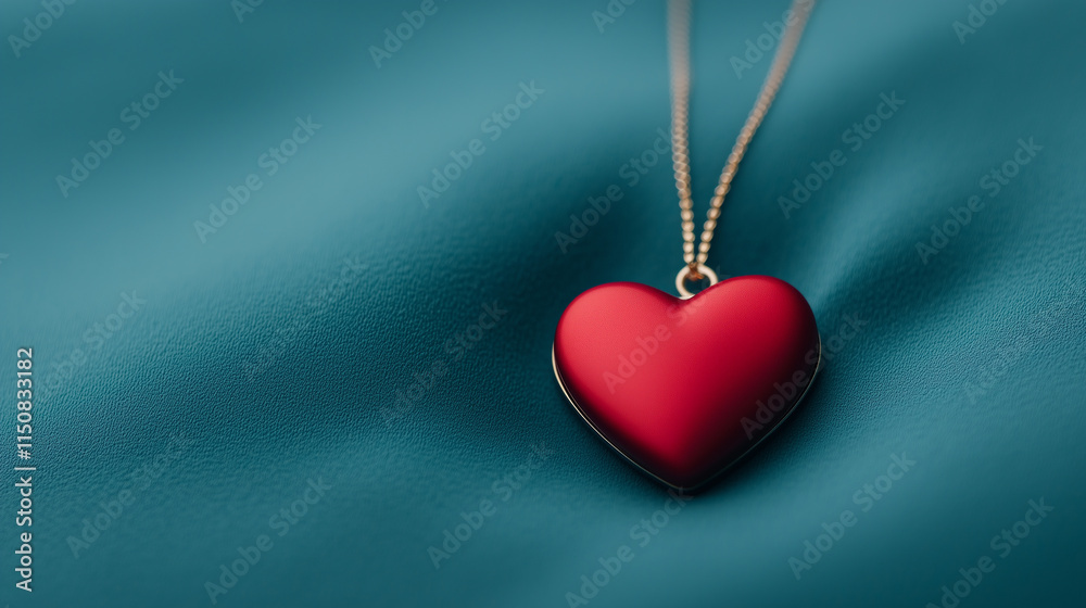 close up of red heart pendant necklace on teal fabric background, symbolizing love and affection. vibrant colors create striking visual impact. close up of red heart pendant necklace on teal fabric background, symbolizing love and affection. vibrant colors create striking visual impact.