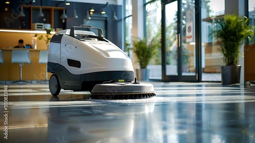 Automated Floor Cleaning Machine in Modern Office Lobby