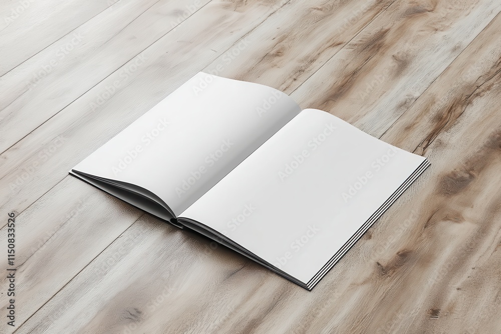 Fototapeta premium Open book with blank pages on wood. Perfect for showcasing designs, text, or as a mockup.