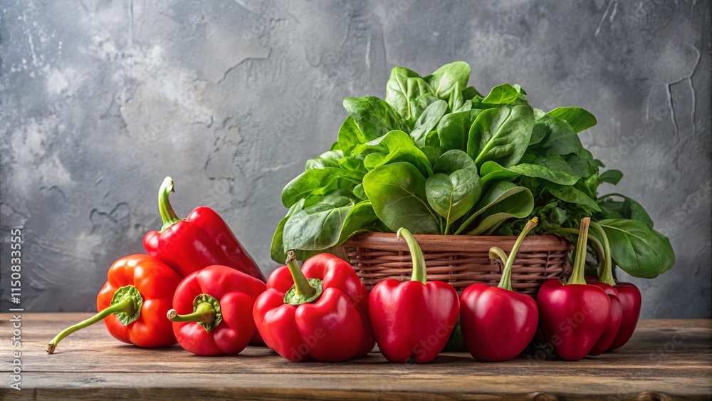 A Rustic Still Life Featuring Vibrant Red Bell Peppers and a Basket of Fresh Spinach A Rustic Still Life Featuring Vibrant Red Bell Peppers and a Basket of Fresh Spinach