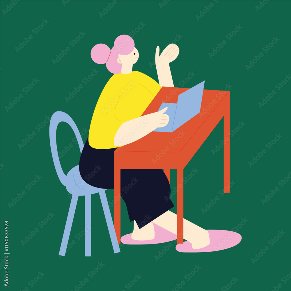 Fototapeta premium The female character is sitting while working in front of the computer. Flat vector illustration