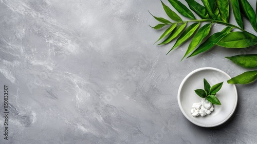 Green leaves and white bowl on gray surface