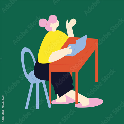 The female character is sitting while working in front of the computer. Flat vector illustration