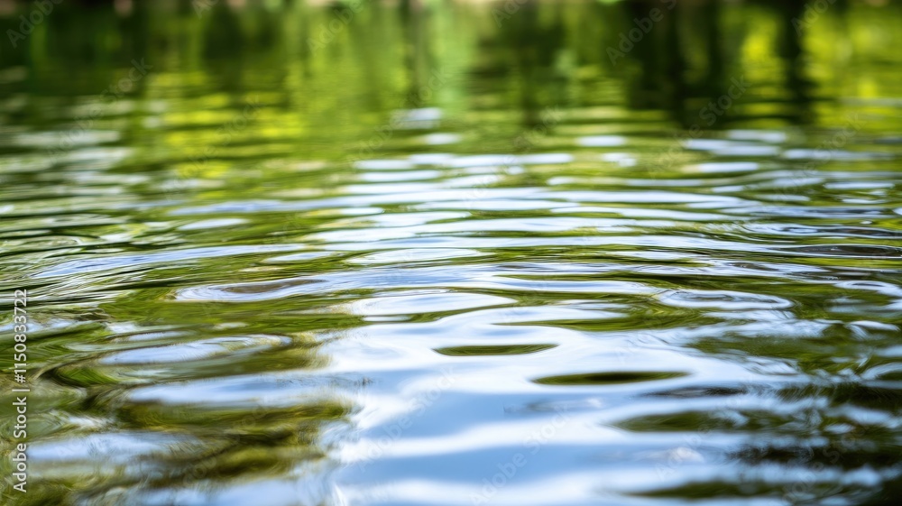 Calm water surface reflecting green foliage, creating ripples Calm water surface reflecting green foliage, creating ripples