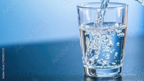 Clear water being poured into transparent glass, creating bubbles
