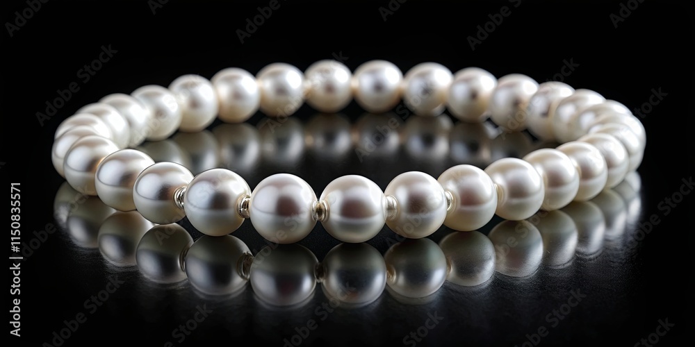 A circular arrangement of smooth, lustrous pearls resting on a reflective black surface, highlighting their delicate beauty and elegance. A circular arrangement of smooth, lustrous pearls resting on a reflective black surface, highlighting their delicate beauty and elegance.