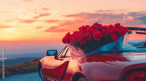 Red convertible sports car with bouquet of roses at sunset. Flower delivery. Gift for a woman. Valentine's Day. Ideal for promotions with space for text or ads. photo