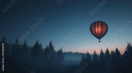 Hot air balloon flying over misty forest at night under a starry sky. Ideal for promotions with space for text or ads. photo