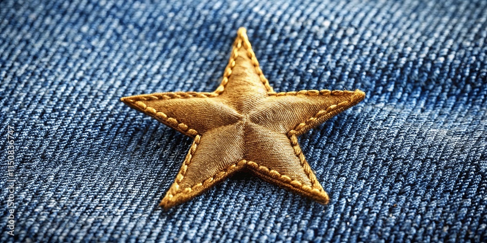 A golden star, stitched with precision, rests upon a textured blue surface, creating a visual contrast between the smooth fabric and the rough denim. A golden star, stitched with precision, rests upon a textured blue surface, creating a visual contrast between the smooth fabric and the rough denim.