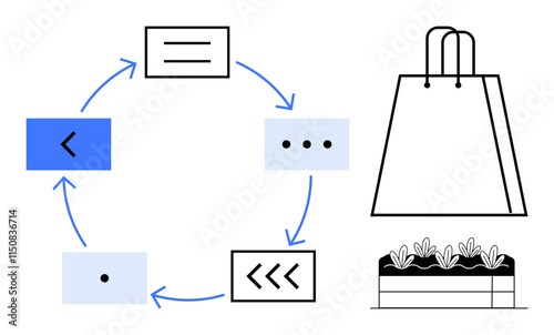 Circular flow of linked text blocks with arrows, shopping bag, and garden bed. Ideal for sustainability, processes, ecommerce, lifecycle, environment workflows and agriculture concepts. Line