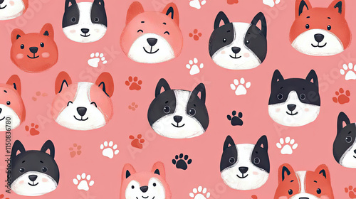 a pink background with a repeating pattern of cute cartoon dog faces and paw prints.