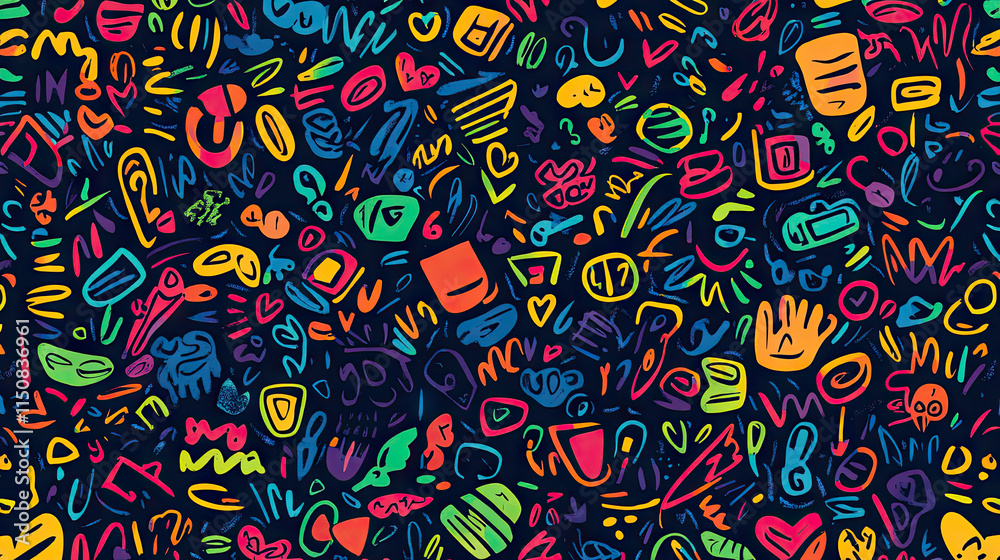 fun colorful line doodle seamless pattern. creative abstract style art symbol background for children or celebration design with basic shapes. simple childish scribble wallpaper print. fun colorful line doodle seamless pattern. creative abstract style art symbol background for children or celebration design with basic shapes. simple childish scribble wallpaper print.