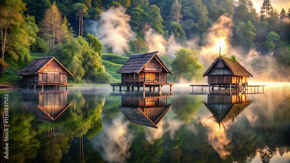 Fototapeta premium Misty Reflections of Wooden Structures on a Tranquil Lake