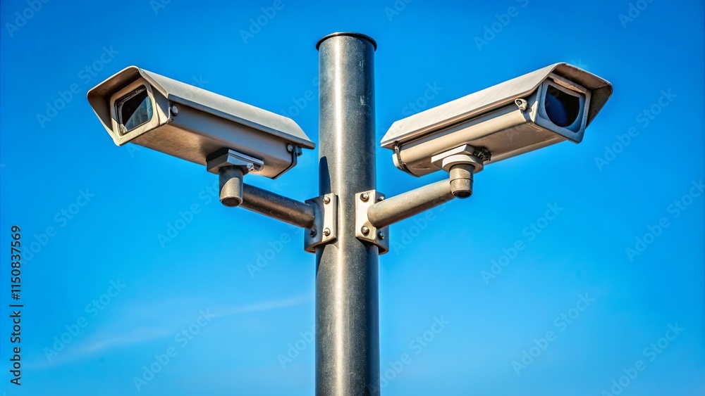 A steel pole with two surveillance cameras mounted on it, pointing in opposite directions against a clear blue sky. A steel pole with two surveillance cameras mounted on it, pointing in opposite directions against a clear blue sky.