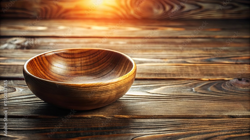 A rustic wooden bowl rests on a weathered wooden table, bathed in the warm glow of the setting sun. A rustic wooden bowl rests on a weathered wooden table, bathed in the warm glow of the setting sun.