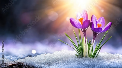 Crocus Blooming in Snow with Sunbeam, a Sign of Spring