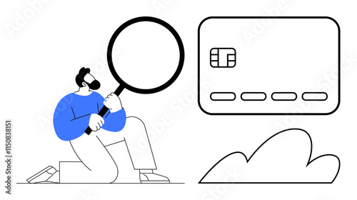 Person holding magnifying glass examining a credit card, next to a cloud shape. Ideal for finance, security, credit card applications, fraud prevention, financial analysis, online banking