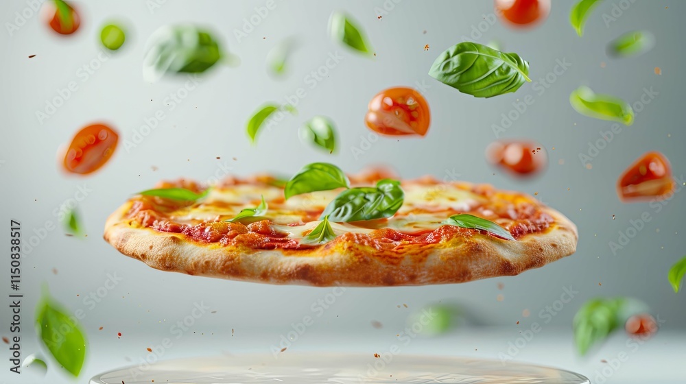 Levitation Pizza with Falling Tomatoes and Basil Leaves Levitation Pizza with Falling Tomatoes and Basil Leaves