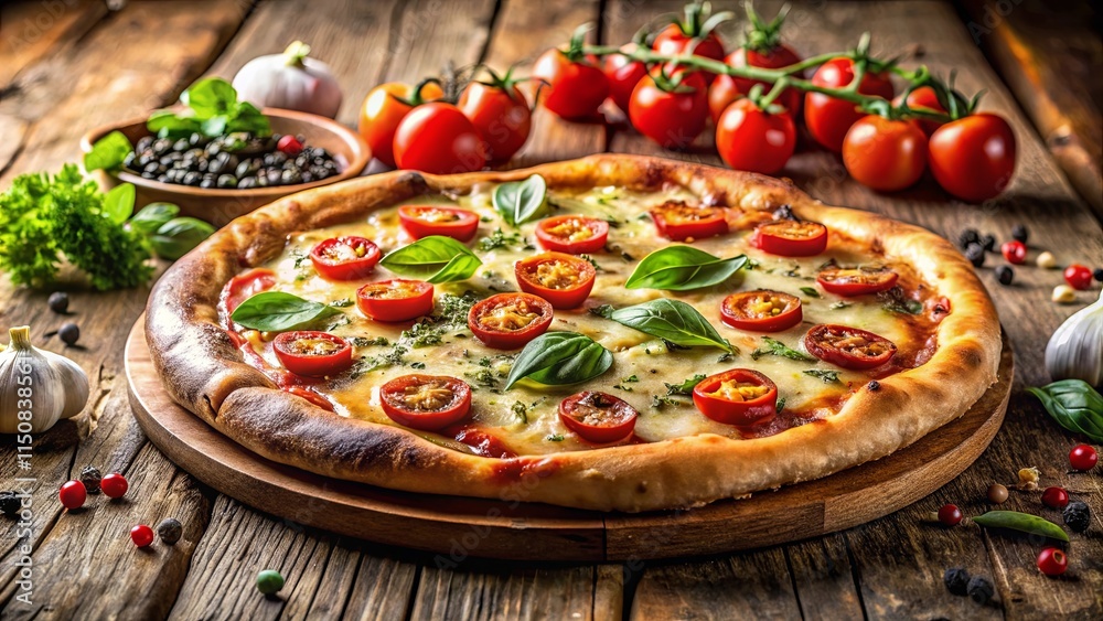 A rustic wooden table setting with a freshly baked pizza topped with melted cheese, cherry tomatoes, and basil leaves, surrounded by sprigs of herbs and peppercorns. A rustic wooden table setting with a freshly baked pizza topped with melted cheese, cherry tomatoes, and basil leaves, surrounded by sprigs of herbs and peppercorns.