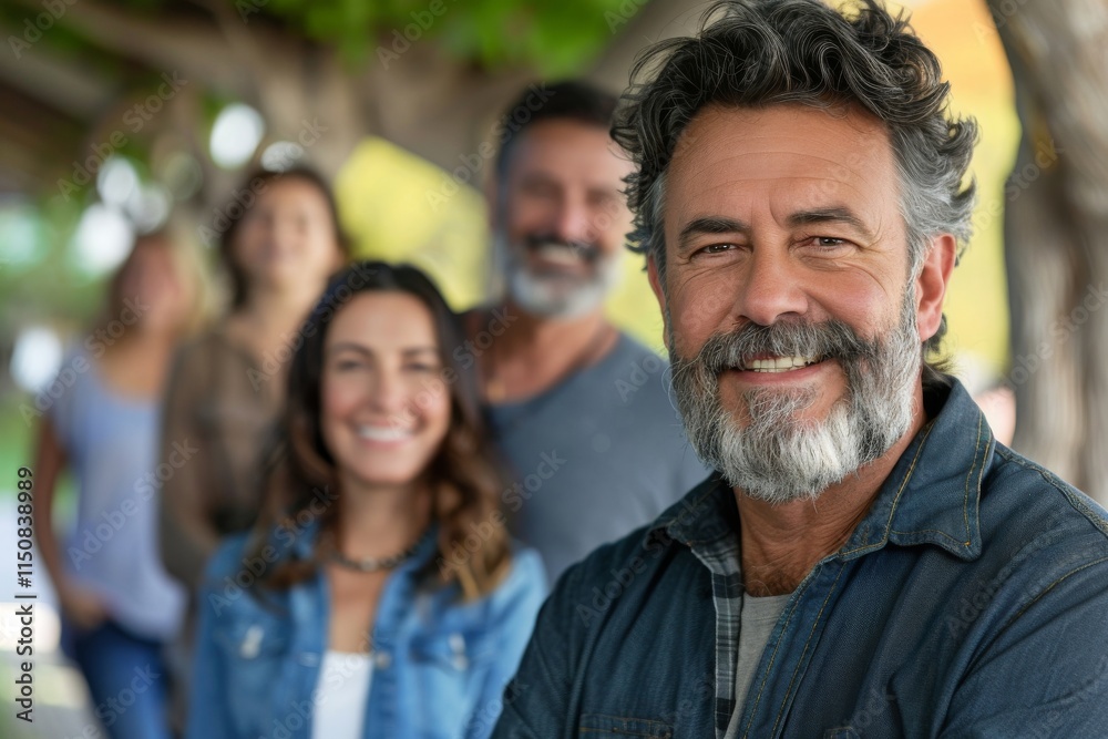 Portrait of a handsome middle aged man with his family in the background Portrait of a handsome middle aged man with his family in the background