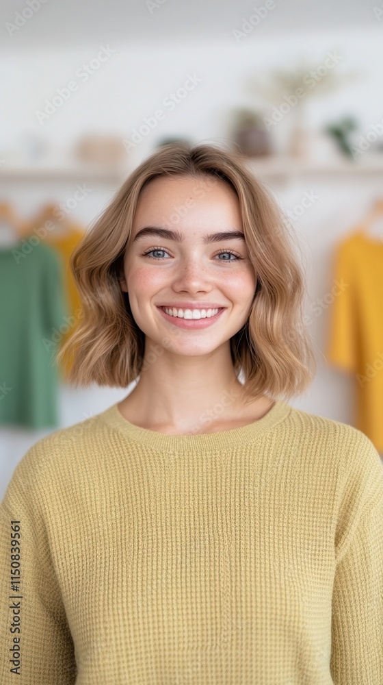 Smiling Female Stylist Filming Fashion Blog in Casual Outfit, Blonde Hair, Bright Colors, Creative Workspace, Engaging and Relatable Influencer with Minimalist Aesthetic Smiling Female Stylist Filming Fashion Blog in Casual Outfit, Blonde Hair, Bright Colors, Creative Workspace, Engaging and Relatable Influencer with Minimalist Aesthetic