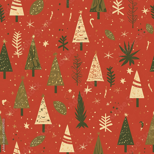 Festive Christmas Tree Pattern on Red Background