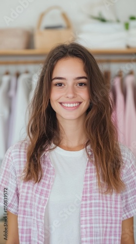 Free Download Smiling Fashion Stylist in Casual Outfit with Wardrobe Background for Trendy Blog or Social Media Content Marketing - GFXLoad