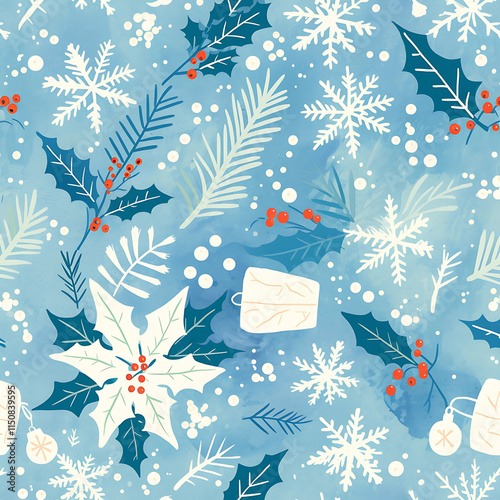 Winter Holly and Snowflake Pattern on Blue Background