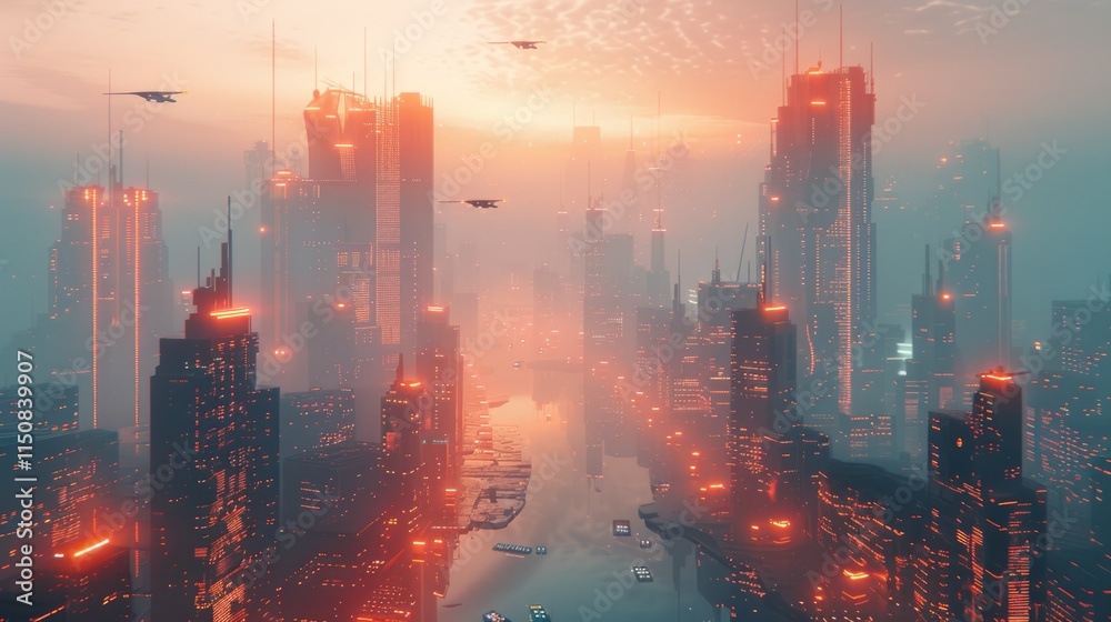 Fototapeta premium Aerial futuristic city sunset, glowing towers, fog, drones fly.