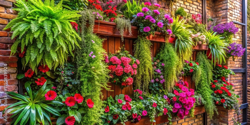 A vibrant tapestry of foliage and blooms cascade down a brick wall, creating a lush and captivating vertical garden A vibrant tapestry of foliage and blooms cascade down a brick wall, creating a lush and captivating vertical garden