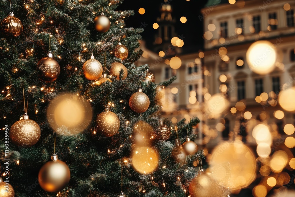 Fototapeta premium A glowing Christmas tree stands adorned with golden baubles, set against a warm and blurred backdrop of European architecture, creating a festive evening atmosphere.
